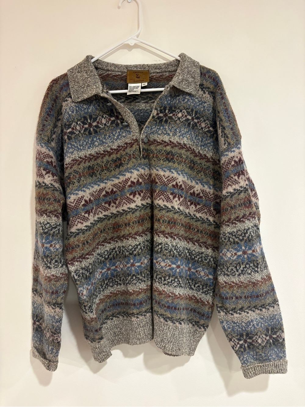 Vintage 100% Wool Fair Isle Sweater XL Unisex Collared Pullover